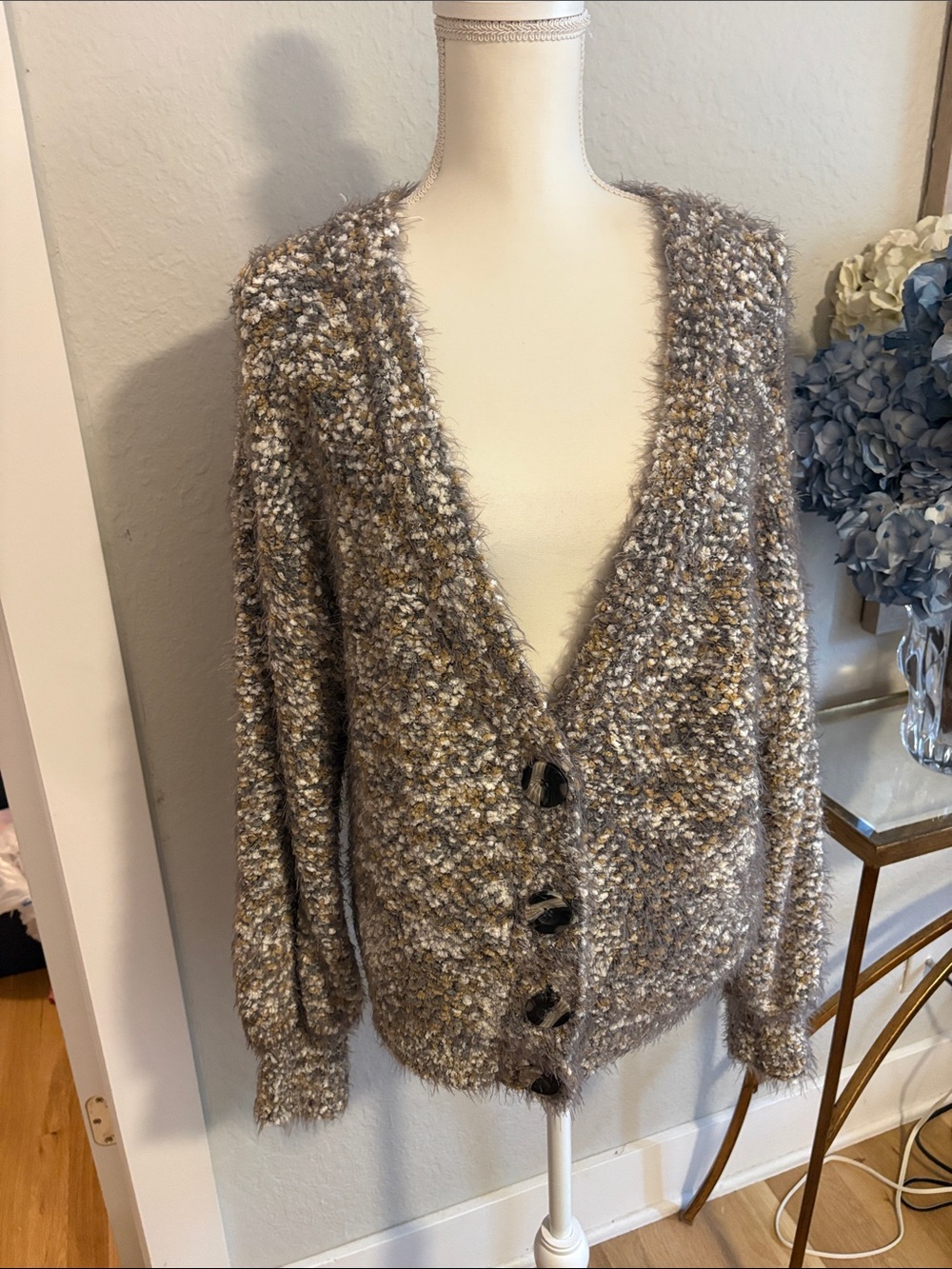 Ady P Cozy grey, gold & Cream Fuzzy V-Neck Button Cardigan